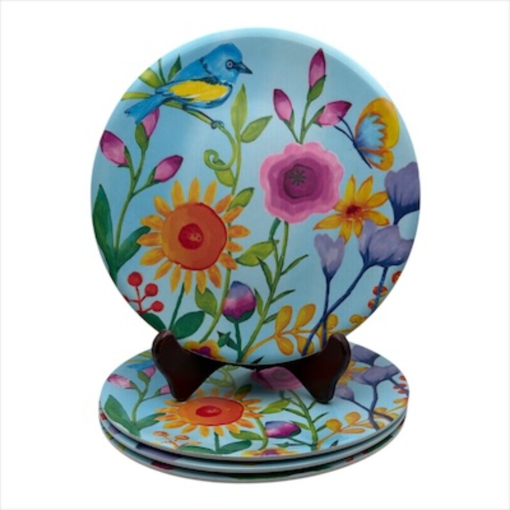 Home Accents Floral‎ Flowers Bird Summer Round Melamine Dinner Plates Set of 4